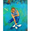 figurative abstract paintings-young girl giving food to the birds