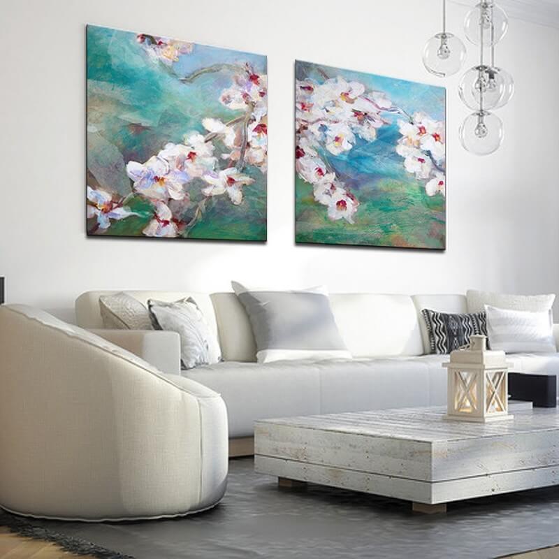 modern flower paintings for the living room-diptych almond blossoms